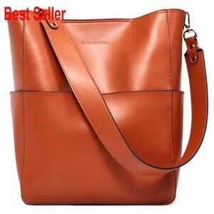 Leather Designer Tote Shoulder Bucket Bag with Removable Pouch
